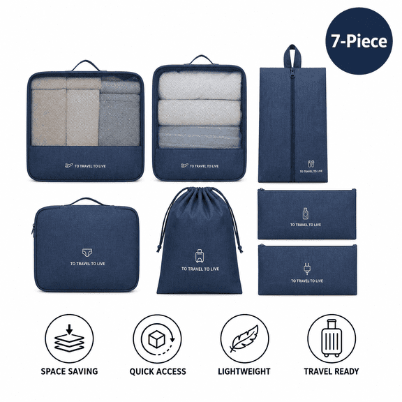 7-Piece Navy Travel Packing Cubes, Luggage Organizer Bags