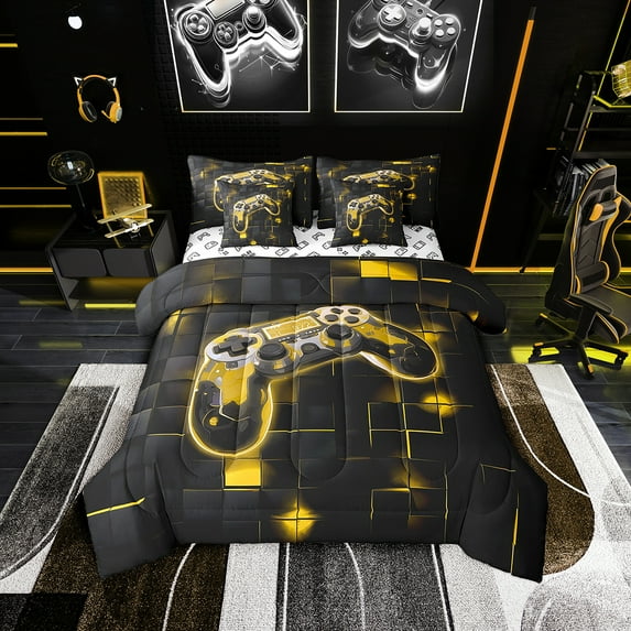 7 Piece Neon Gamer Comforter Set Queen ,Yellow Black Gaming Bedding Sets Gamer Room Decor,Geometric Bed Set with Sheets,Gamepad Bed in a Bag with Pillowcases & Shams