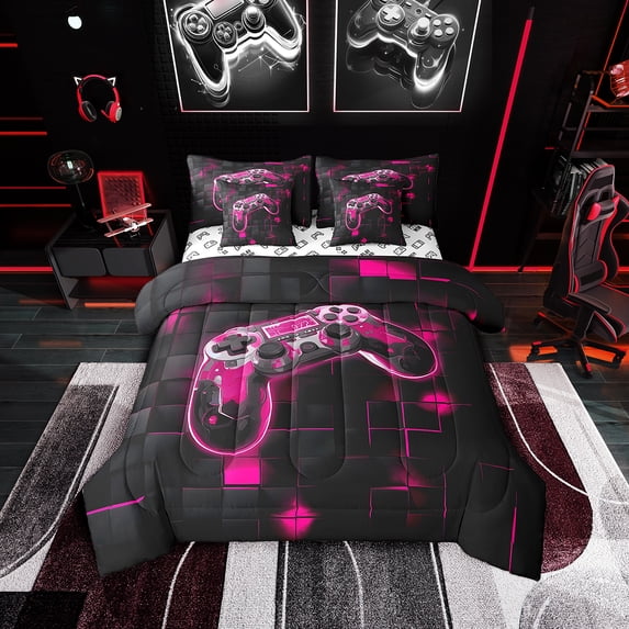 7 Piece Neon Gaming King Bedding Set with Sheets,Hot Pink and Black Gamer Comforter Set ,Geometric Checkered Bed in a Bag,Video Games Bed Set with Pillowcases & Shams