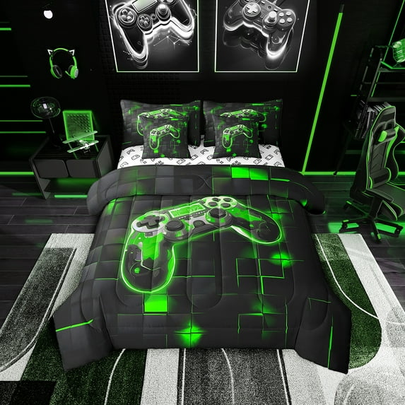 7 Piece Neon Gaming Queen Bedding Set with Sheets,Green and Black Gamer Comforter Sets ,Geometry Checkered Bed in a Bag,Gaming Console Bed Set with Pillowcases & Shams