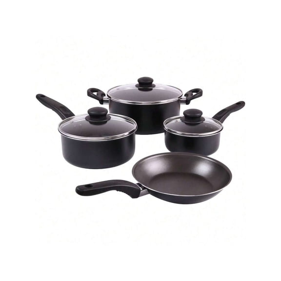 7-Piece Non-Stick Aluminum Cookware Set in Black, Complete Pot and Pan Collection for Family Cooking and Entertaining