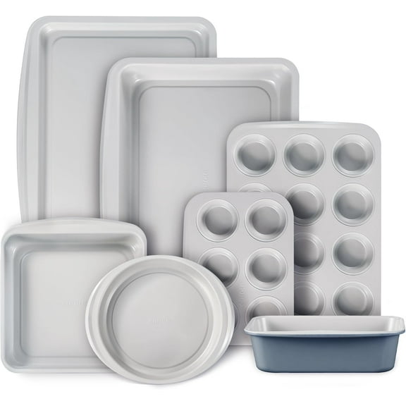 7-Piece Nonstick Stackable Baking Pans Set - Bakeware Sets Including Cookie Sheets for Baking, Muffin Pan, Bread Pan, Cake pan, Loaf Pan, Roasting Pan, Gray & Blue