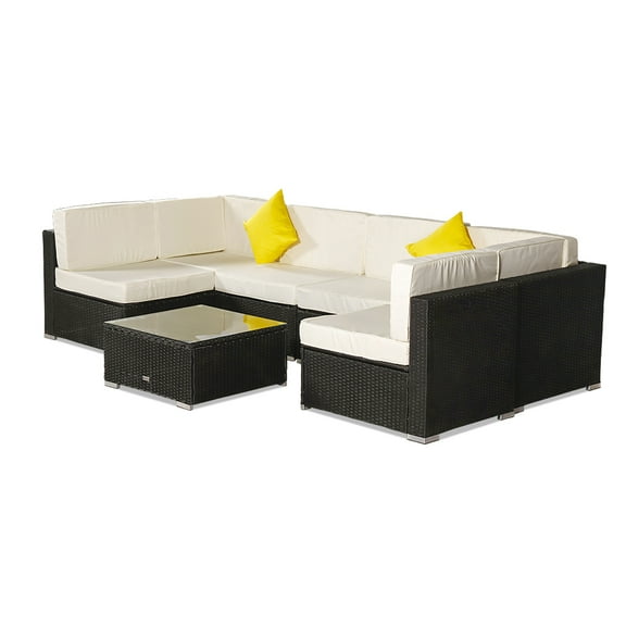 7-Piece Outdoor Bistro Patio Furniture Set, 6 Seater Luxury Comfort Beige Wicker Couch, Durable All-Weather PE Rattan Sectional w/Glass Table Top, for Backyard Poolside Porch Garden Balcony, S2114