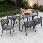 7-Piece Outdoor Dining Set, 51.2" Rectangular Aluminum Table & 6 Hand-Woven Wicker Chairs with 3-Layer Breathable Cushions, Rustproof All-Weather Patio Furniture for Garden & Deck