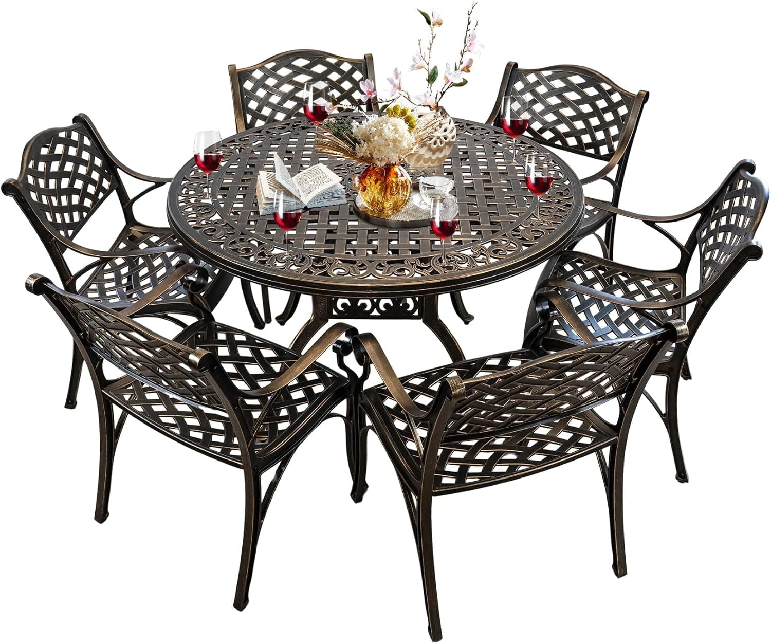 7 Piece Outdoor Dining Set for 6,Cast Aluminum Patio Table and Chairs Set,All-Weather Round 48" Patio Dining Table with 2.36" Umbrella Hole,Patio Furniture Dining Set for Balcony Garden,Bronze