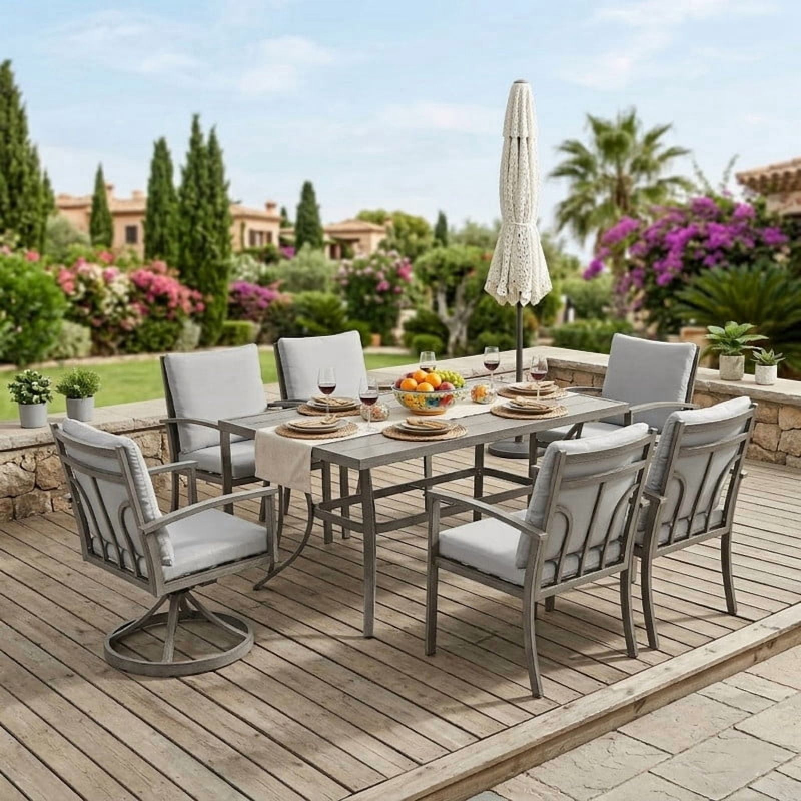 7-Piece Outdoor Dining Set, Aluminum Patio Dining Set for 6 Includes 1 Rectangular Table, 4 Dining Chairs, and 2 Swivel Chairs with Cushions