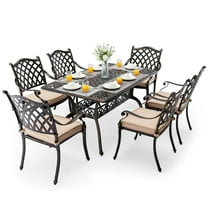 7-Piece Outdoor Dining Set Cast Aluminum Retro Balcony Patio Dining Set for 6, 59'' Table with Umbrella Hole and 6 Chairs with Cushion