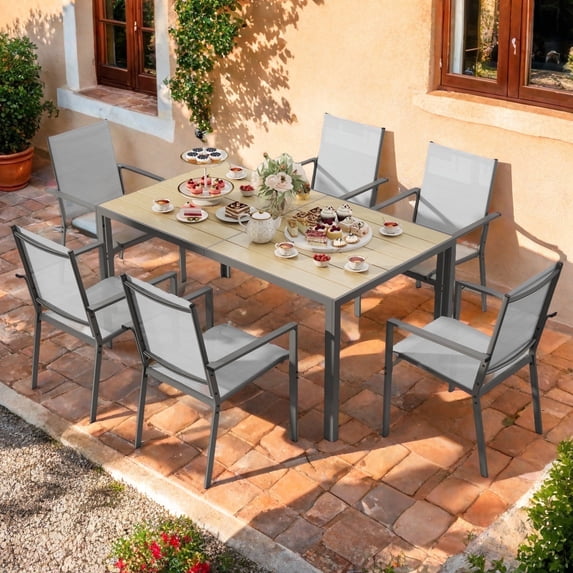 7 Piece Outdoor Dining Set, Lofka Patio Furniture Sets for 6 Persons with Stackable Textilene Chairs & Rectangular Table for Saving Space, Porch Garden Yard Poolside, Light Gray
