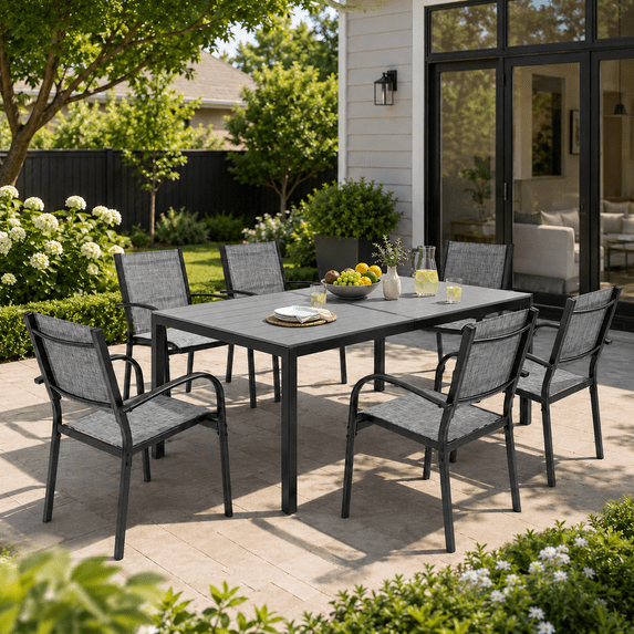 7 Piece Outdoor Dining Set, Patio Dining Table Set for 6 Persons, Garden Patio Textilene Dining Furniture Set with Plastic-Wood Tabletop, Dining Table Chairs Conversation Set for Deck Patio