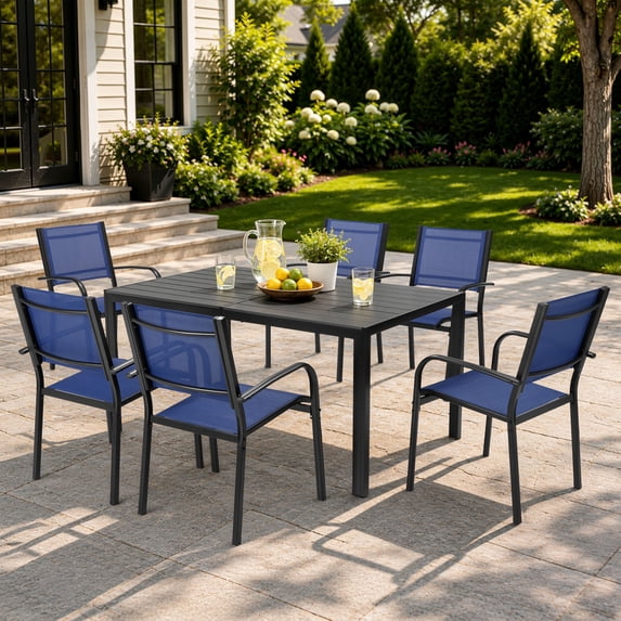 7 Piece Outdoor Dining Set, Patio Dining Table Set for 6 Persons, Garden Patio Textilene Dining Furniture Set with Plastic-Wood Tabletop, Dining Table Chairs Conversation Set for Deck Patio