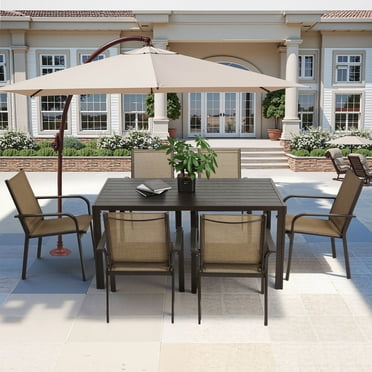 7 Piece Outdoor Dining Set, Patio Dining Table Set for 6 Persons, Garden Patio Textilene Dining Furniture Set with Plastic-Wood Tabletop, Dining Table Chairs Conversation Set for Deck Patio