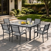 7 Piece Outdoor Dining Set, Patio Dining Table Set for 6 Persons, Garden Patio Textilene Dining Furniture Set with Plastic-Wood Tabletop, Dining Table Chairs Conversation Set for Deck Patio