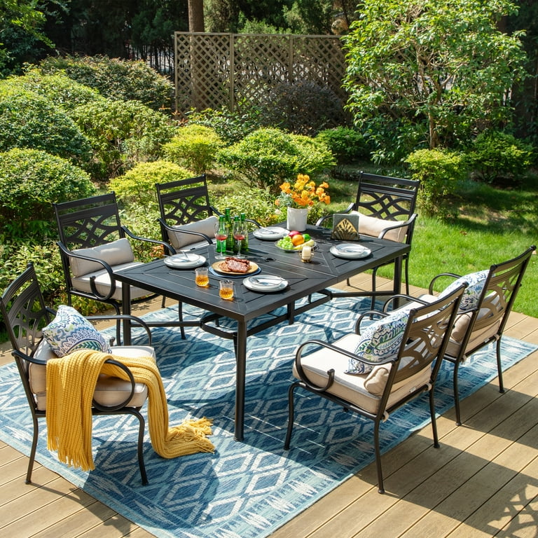MAISON ARTS 7 Piece Outdoor Dining Set Steel Rectangle Table with Umbrella Hole Elegant Cast Iron Pattern Dining Chairs Fixed Chairs Walmart