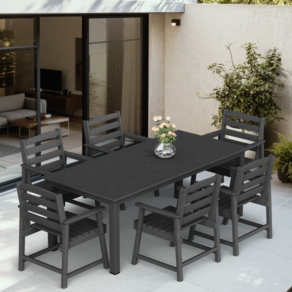 7-Piece Outdoor Dining Set for 6, All-Weather HDPE Dining Table and Chairs, Patio Furniture Set with 2" Umbrella Hole for Garden, Backyard, Black