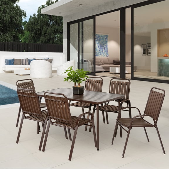 7-Piece Outdoor Dining Set with Plastic Chairs and Steel Table, Patio Furniture for Garden and Backyard