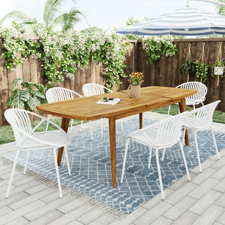 7-Piece Outdoor Expandable Dining Set – Includes 6 Stackable Chairs + Acacia Wood Table (White & Teak) for Patio, Garden or Backyard