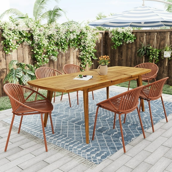 7-Piece Outdoor Expandable Dining Set with Stackable Chairs, Acacia Wood Table and Weather-Resistant Orange Seating for Patio, Garden, or Deck
