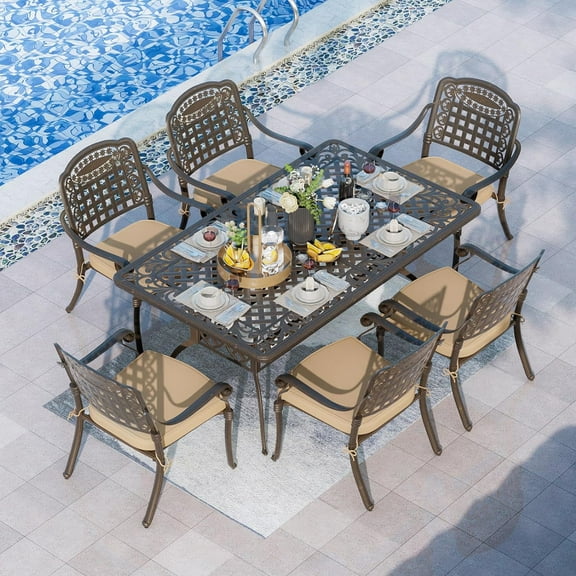 7-Piece Outdoor Furniture Dining Set, Cast Aluminum Patio Conversation Set with Table, 6 Chairs and Khaki Cushions
