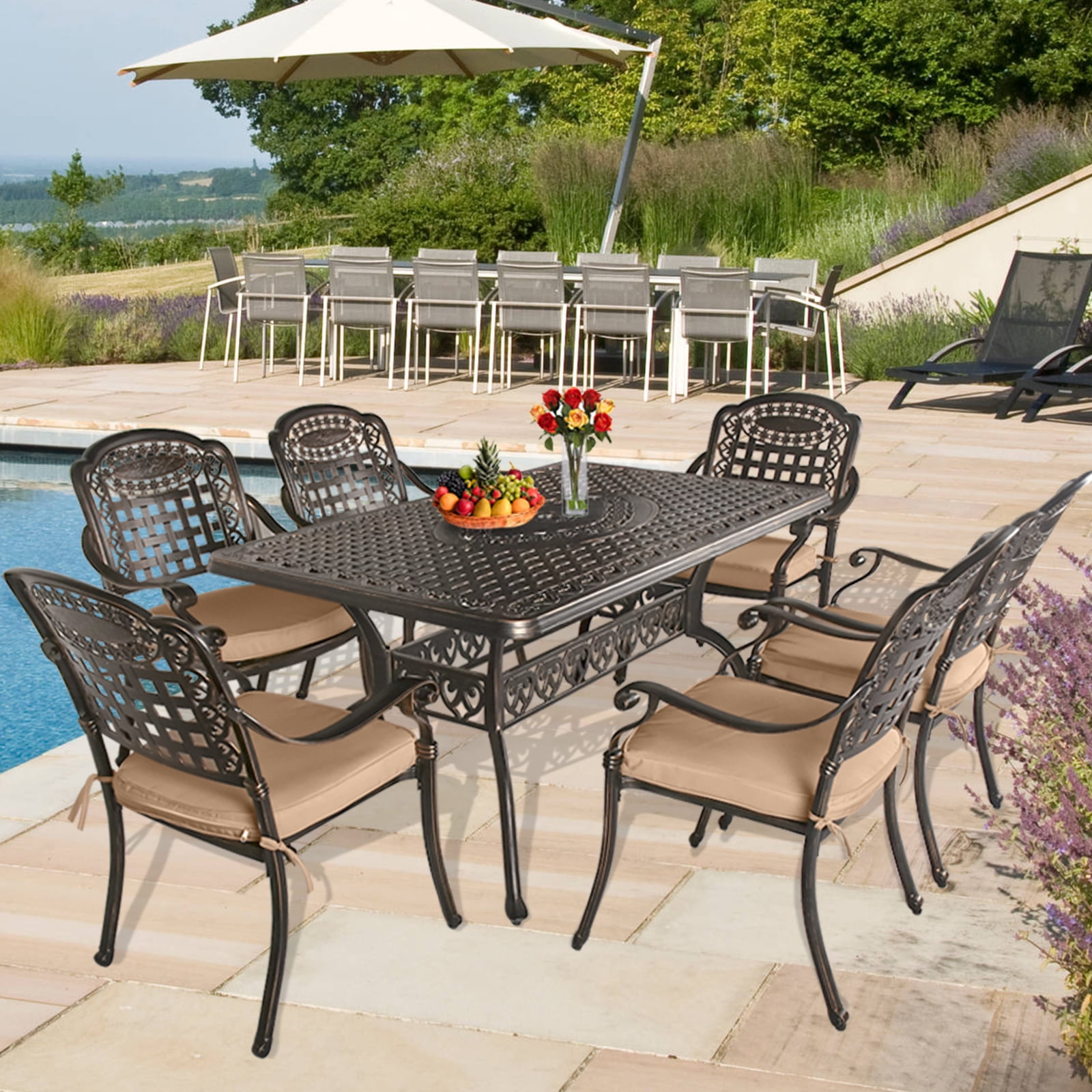 7Piece Outdoor Furniture Dining Set, Cast Aluminum Patio Conversation