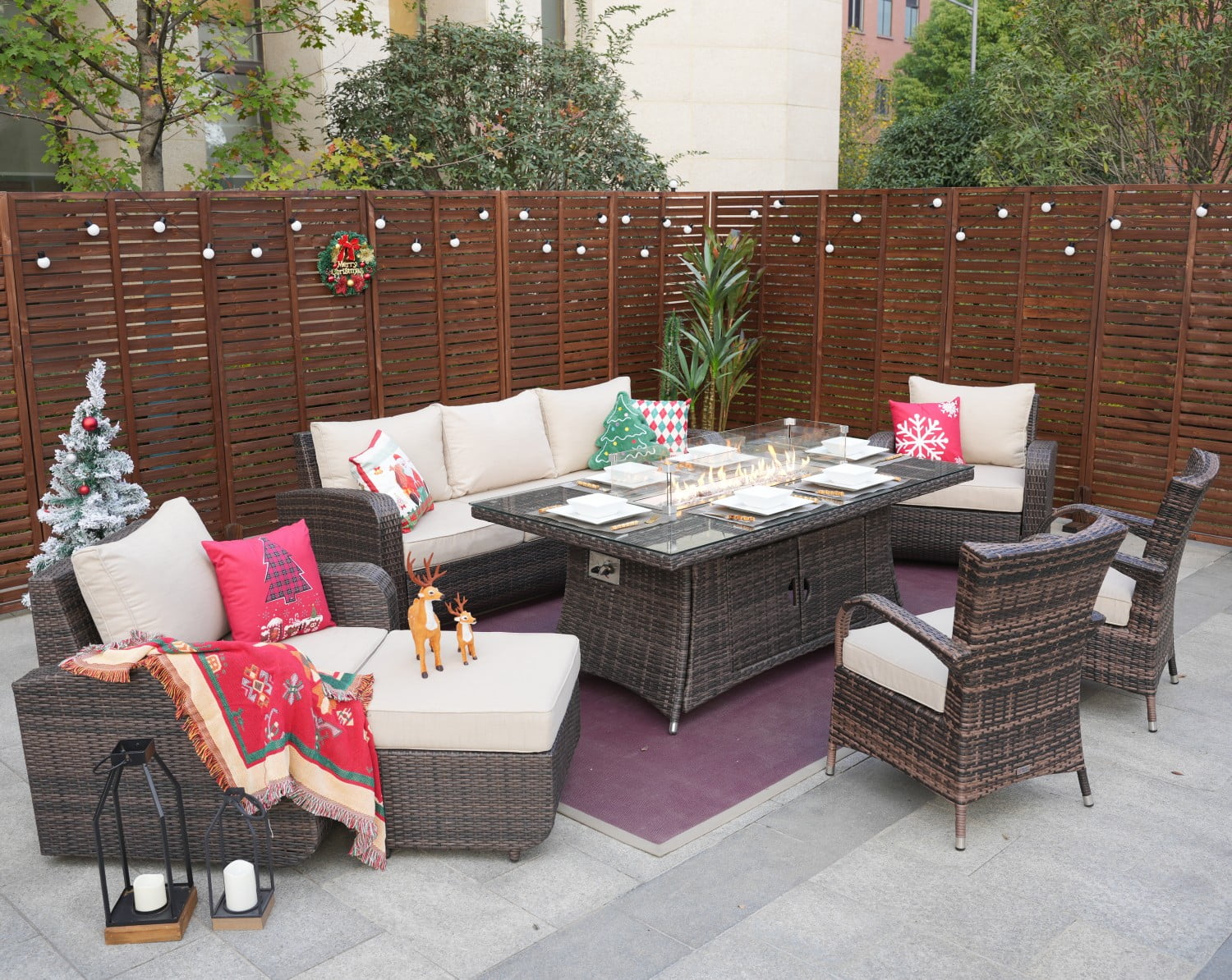 7Piece Outdoor Furniture Set Fire Pit Dining Table with PE Wicker Sofa