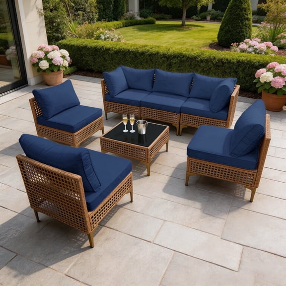 7-Piece Outdoor Furniture Set Oversized Patio Conversation Set with Thick Cushions and Tempered Glass Coffee Table for Garden, Deck, Poolside, Backyard-Blue Cushions