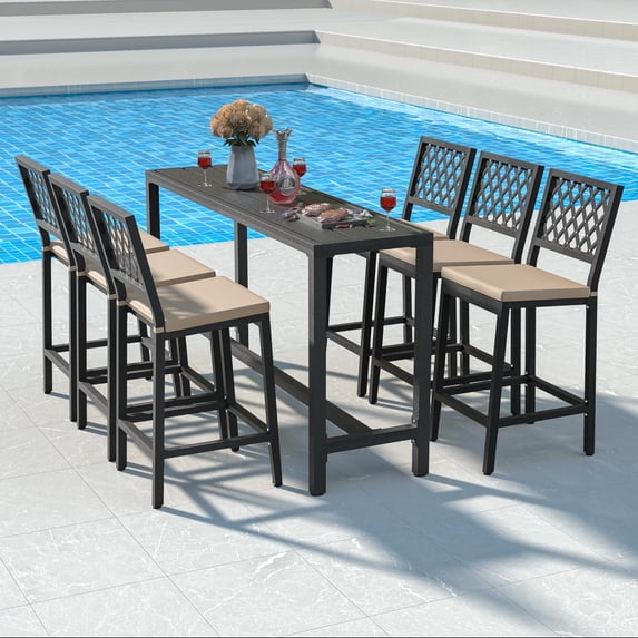 7-Piece Outdoor Patio Bar Set, Bar Height Patio Dining Set, Weather-Resistant Bistro Counter Pub Set with Cushions & Slatted Tabletop for Backyard (Gray, 63" Table and 6 "X stools)