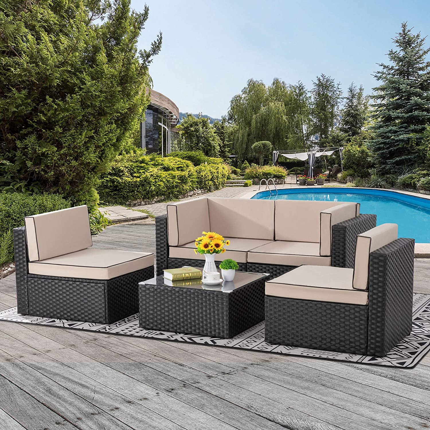 Walsunny 5 Pieces Patio Outdoor Furniture Sets Low Back AllWeather