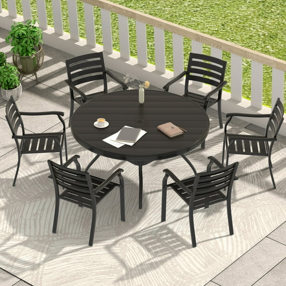 7-Piece Outdoor Patio Dining Set 6 Stackable Metal Chairs & 53-Inch Round Dining Table with Umbrella Hole for Backyard Lawn & Deck - Durable Weather-Resistant Design with Easy Storage