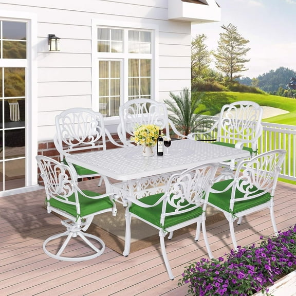 7-Piece Outdoor Patio Dining Set, 60" Rectangular Cast Aluminum Dining Table with Umbrella Hole and 4 Stationary, 2 Swivel Rocker Chairs, 6 Cushioned, Backyard, Patio, Garden, White