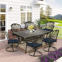 7-Piece Outdoor Patio Dining Set, 60" Rectangular Cast Aluminum Dining Table with Umbrella Hole and 6 Cushioned Swivel Rocker Chairs, Patio Funiture Set for Backyard, Patio, Garden, Navy