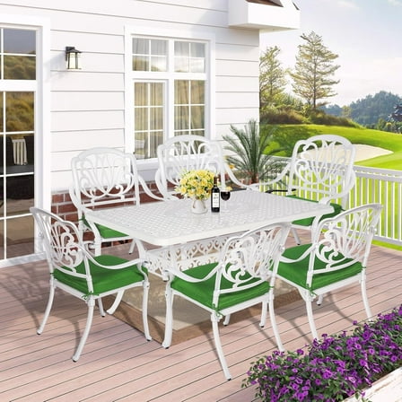 7-Piece Outdoor Patio Dining Set, 60" Rectangular Cast Aluminum Dining Table with Umbrella Hole and 6 Outdoor Dining Cushioned Chairs, Patio Funiture Set for Backyard, Patio, Garden, White