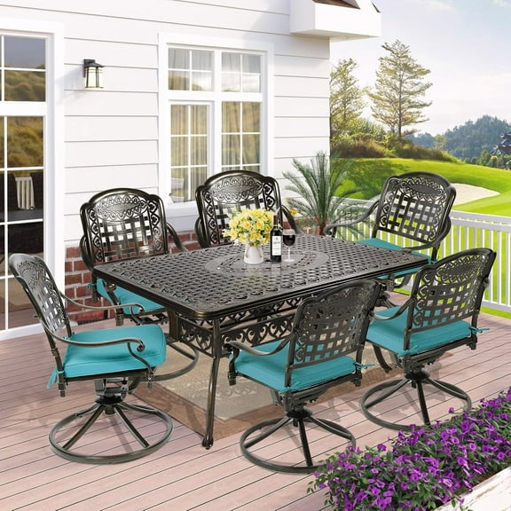 7-Piece Outdoor Patio Dining Set, 60" Rectangular Cast Aluminum Dining Table with Umbrella Hole and 6 Cushioned Swivel Rocker Chairs, Patio Funiture Set for Backyard, Patio, Garden, Blue