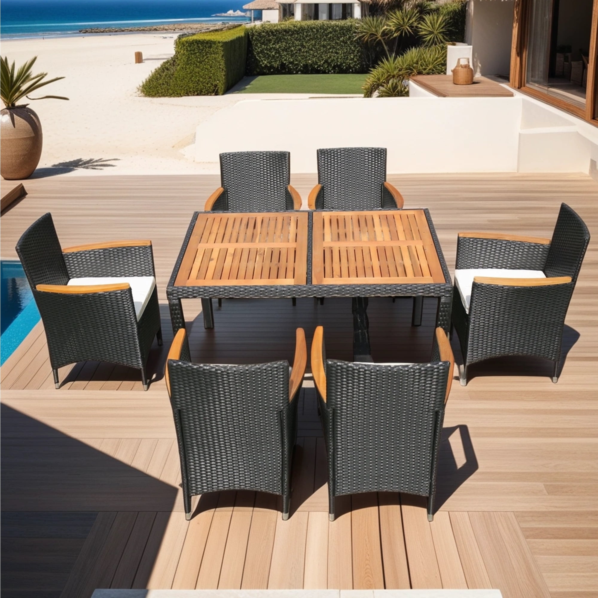 7-Piece Reddish-Brown Wood and Black Wicker Outdoor Dining Set with Beige Cushions