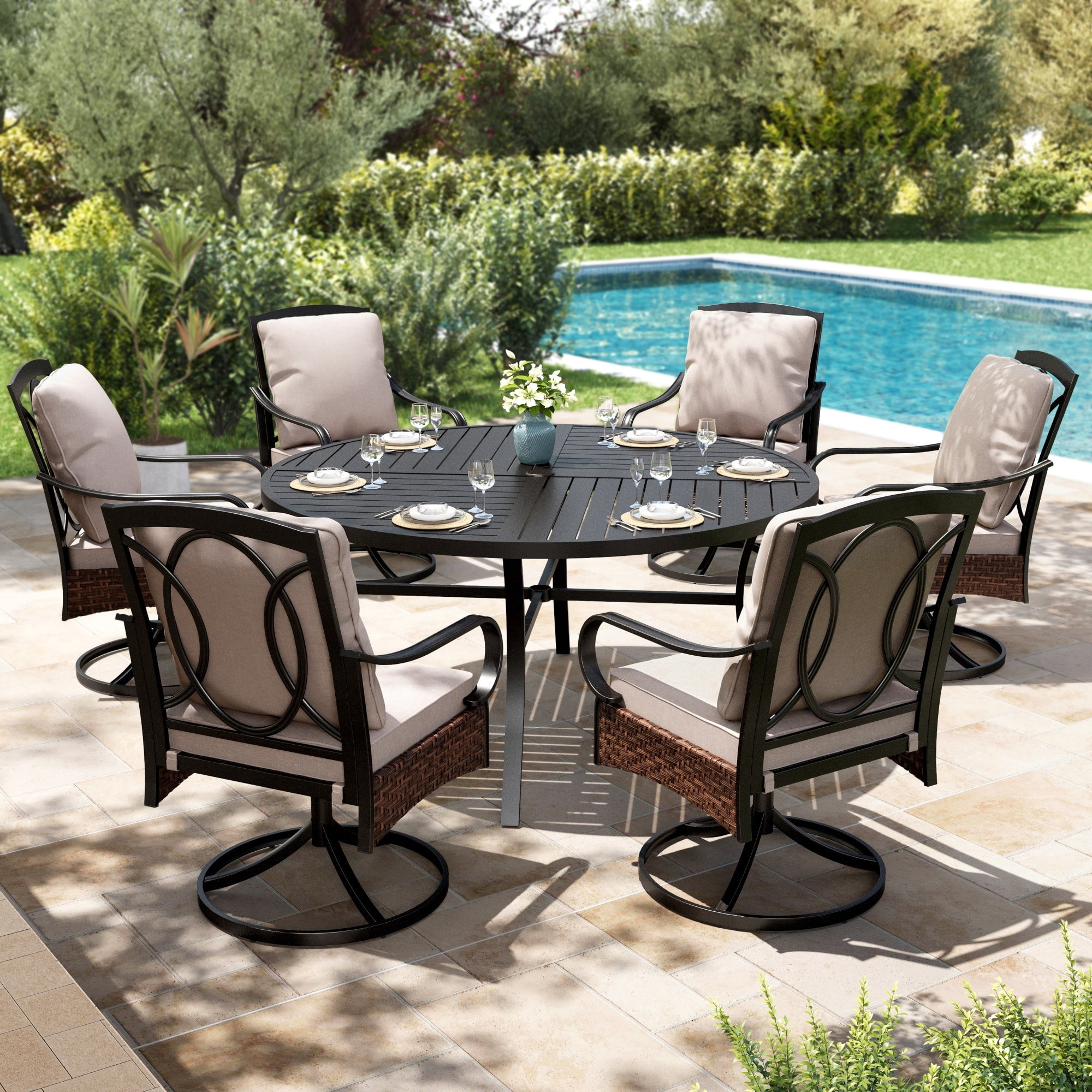 7-Piece Outdoor Patio Dining Set, Round Patio Table and Swivel Chairs with Seat & Back Cushion for 6 People, Black & Beige