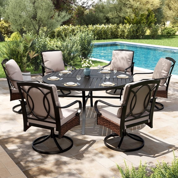 7-Piece Outdoor Patio Dining Set, Round Patio Table and Swivel Chairs with Seat & Back Cushion for 6 People, Black & Beige
