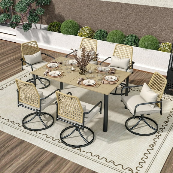 7-Piece Outdoor Patio Dining Set, Six Swivel Rattan Chairs with Cushion and Pillow for 6-Person with Umbrella Hole