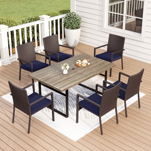 7-Piece Outdoor Patio Dining Set for 6, All-Weather Rattan Chairs and 64" Rectangular Wood-Like Table with Umbrella Hole