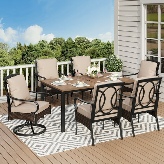 7-Piece Outdoor Patio Dining Set with 2 Swivel Cushioned Chairs, 4 Club Chairs & Wood-look Patio Table with Umbrella Hole for 6 People, Beige