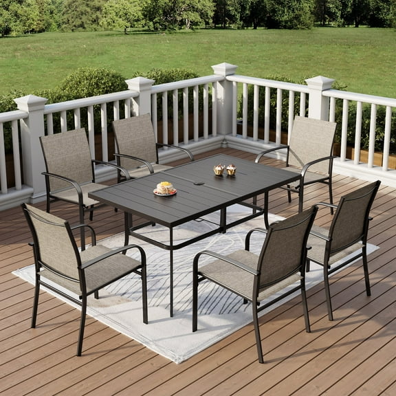 7-Piece Outdoor Patio Dining Set with 6 Textilene Chairs & 1 Metal Steel Rectangle Table, Black & Gray-brown