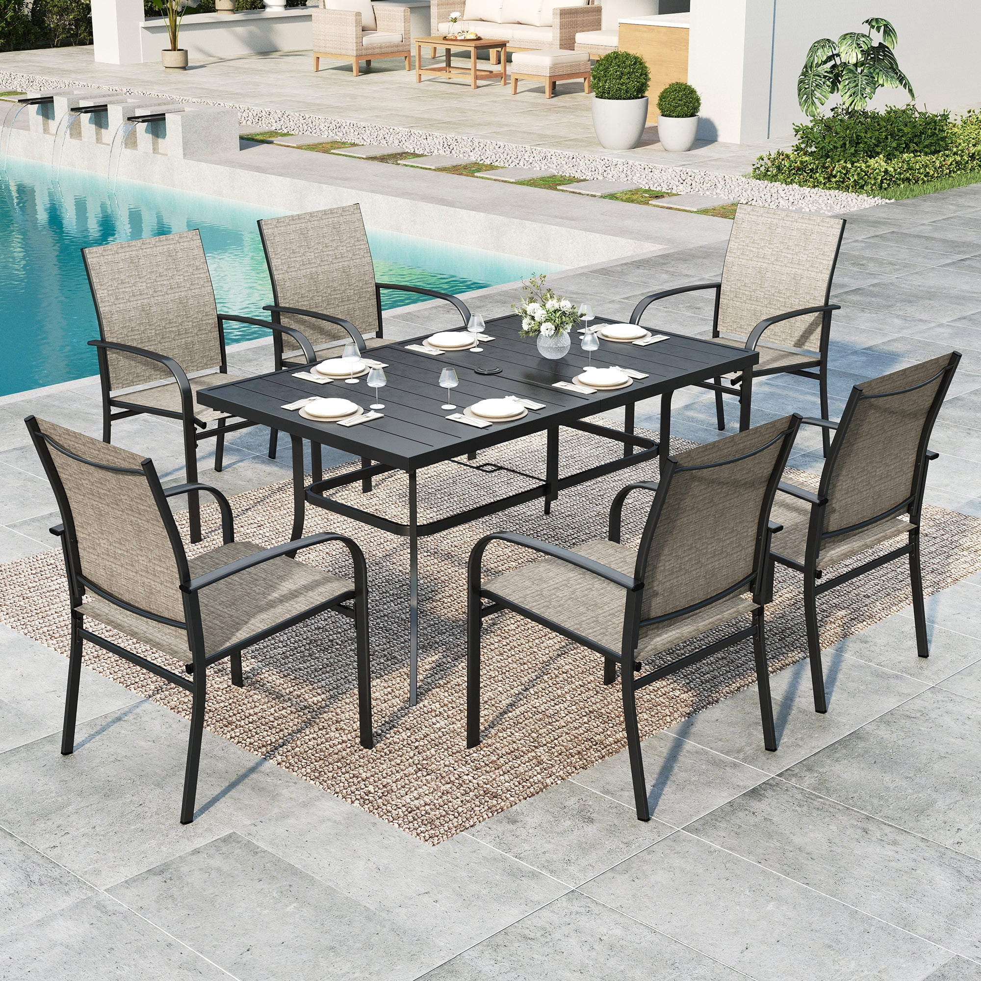 7-Piece Outdoor Patio Dining Set with 6 Textilene Chairs & 1 Metal Steel Rectangle Table, Black & Tan