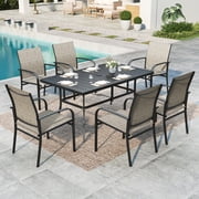 7-Piece Outdoor Patio Dining Set with 6 Textilene Chairs & 1 Metal Steel Rectangle Table, Black & Tan