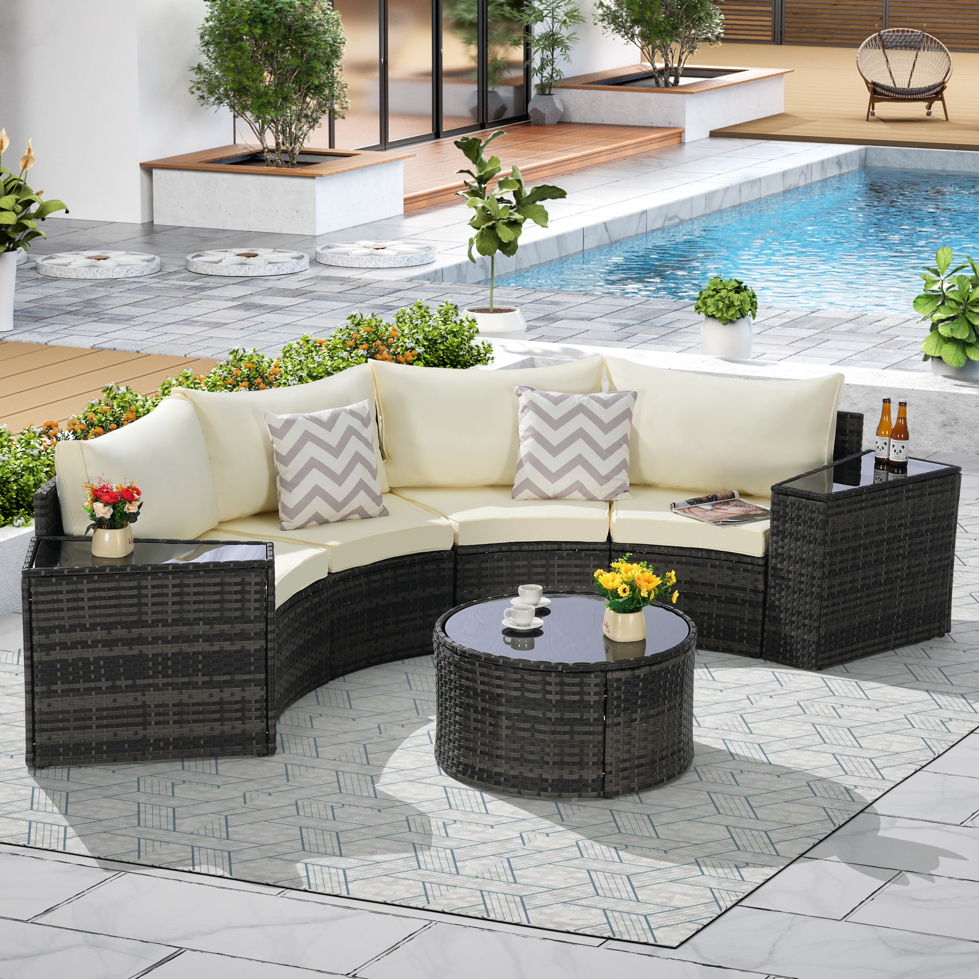 7-Piece Outdoor Patio Furniture Half-Moon Sectional Round Patio Furniture Set Sofa with Tempered Glass Round Coffee Table (Beige)