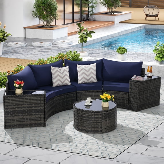 7-Piece Outdoor Patio Furniture Half-Moon Sectional Round Patio Furniture Set Sofa with Tempered Glass Round Coffee Table (Dark Blue)