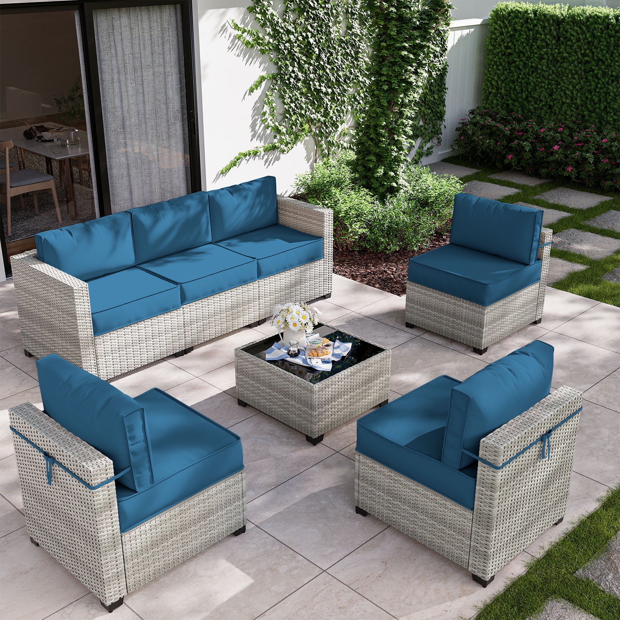 Kimunuk 7 Piece Rattan Corner Outdoor Patio Furniture Set with High Resiliency Cushions and Coffee Table Grey Blue Walmart