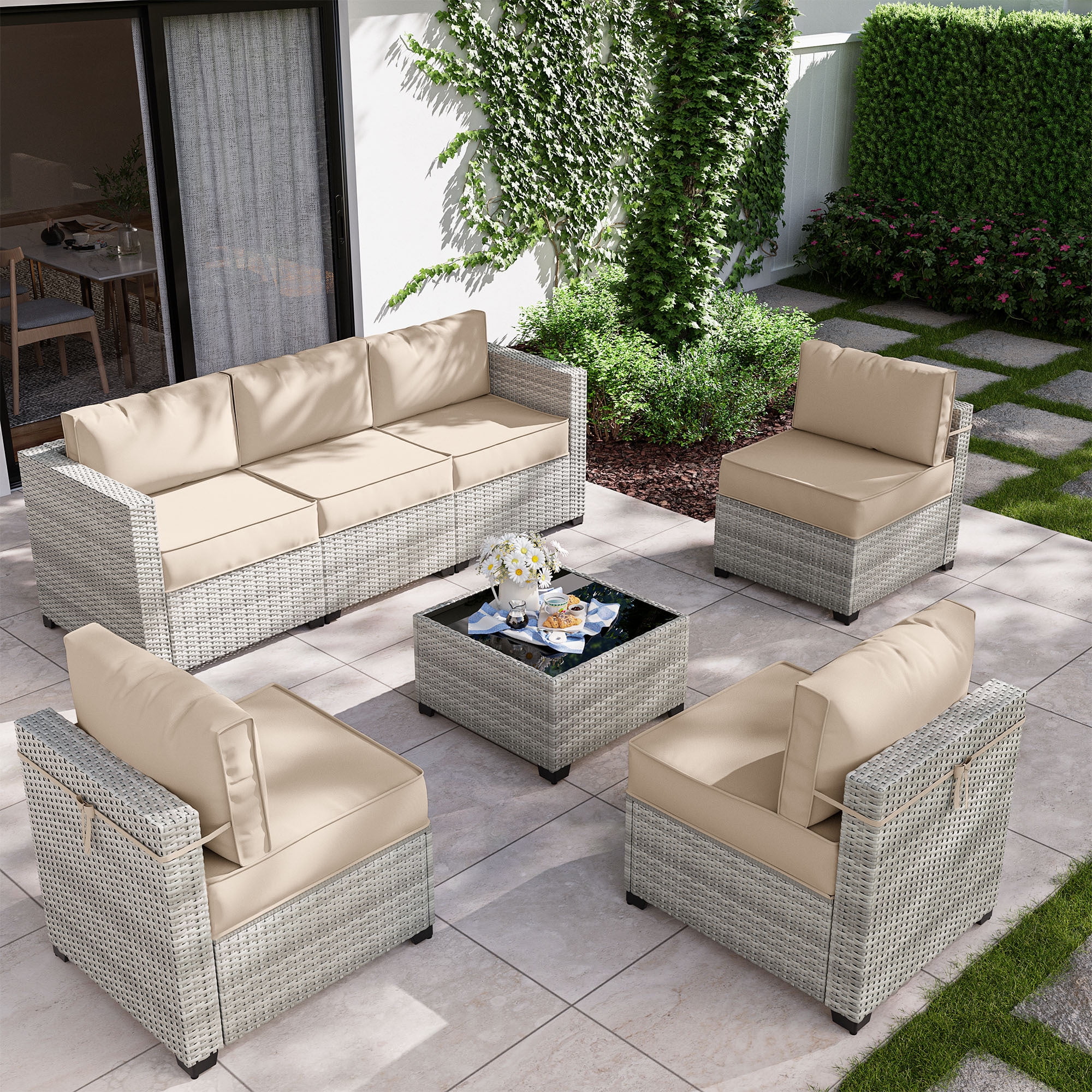 7 Piece Outdoor Patio Furniture Set with 5 High Resiliency Seat Cushions Light Grey Gradient Wicker Sectional Sofa Modular Wicker Patio Conversation Set with Coffee Table Grey Sand Walmart