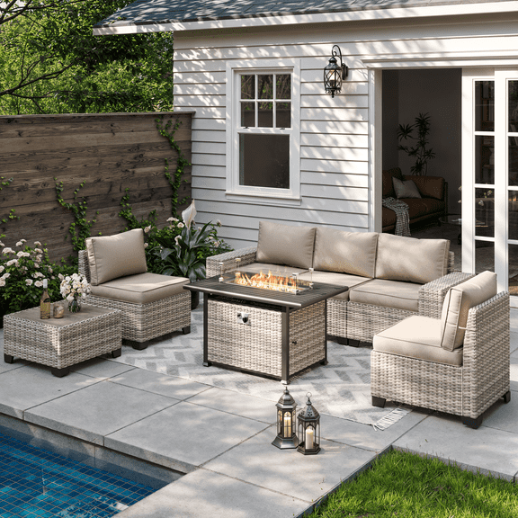 Sweecci 7 Pcs Outdoor Patio Furniture Set, All Weather Wicker Rattan Sectional Sofa & 55000BTU Gas Fire Pit Table, 2-in-1 43" Propane Fire Table for Backyard Garden Poolside Deck,Beige