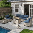 thumbnail image 1 of Sweecci 7 Pcs Outdoor Patio Furniture Set, All Weather Wicker Rattan Sectional Sofa & 55000BTU Gas Fire Pit Table, 2-in-1 43" Propane Fire Table for Backyard Garden Poolside Deck,Navy Blue, 1 of 8