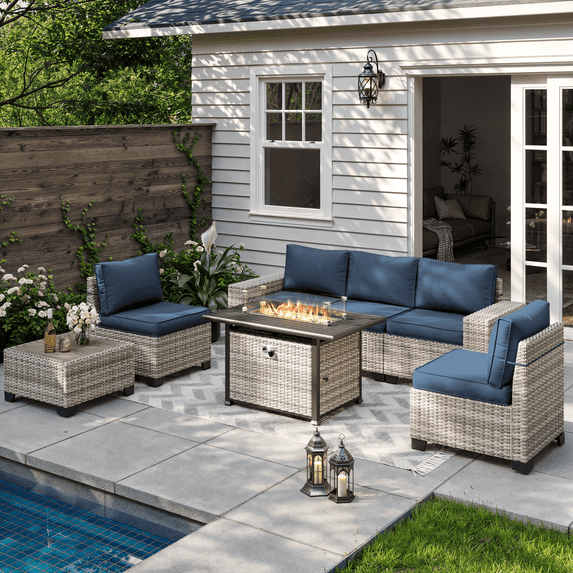 Sweecci 7 Pcs Outdoor Patio Furniture Set, All Weather Wicker Rattan Sectional Sofa & 55000BTU Gas Fire Pit Table, 2-in-1 43" Propane Fire Table for Backyard Garden Poolside Deck,Navy Blue