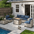 thumbnail image 1 of 7-Piece Outdoor Patio Furniture Set with 55,000 BTU Fire Pit Table, PE Wicker Rattan Sectional Sofa Patio Conversation Set with Thickened Cushions & Coffee Table, Blue, 1 of 8