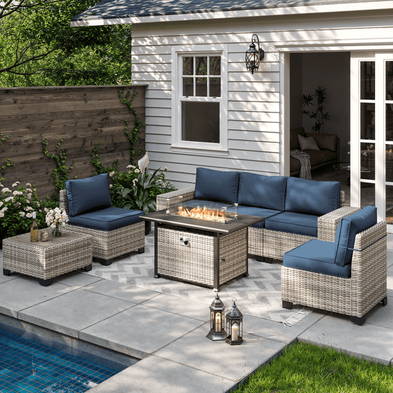 7-Piece Outdoor Patio Furniture Set with 55,000 BTU Fire Pit Table, PE Wicker Rattan Sectional Sofa Patio Conversation Set with Thickened Cushions & Coffee Table, Blue